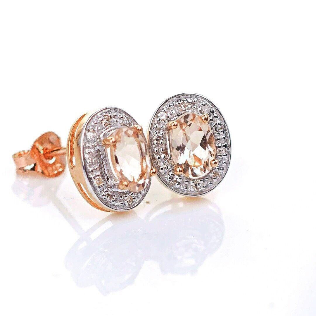 9ct Morganite Diamond Earrings Studs Rose Gold Pink 0.8 ct Natural Gemstonee