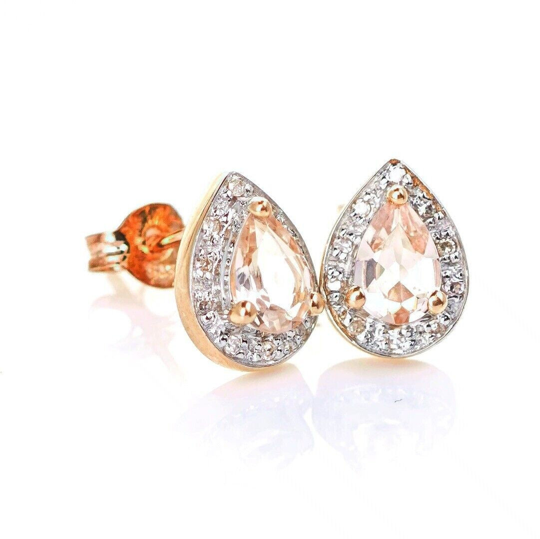 9ct Morganite Diamond Earrings Studs Rose Gold Pink 0.58 ct Natural Gemstone
