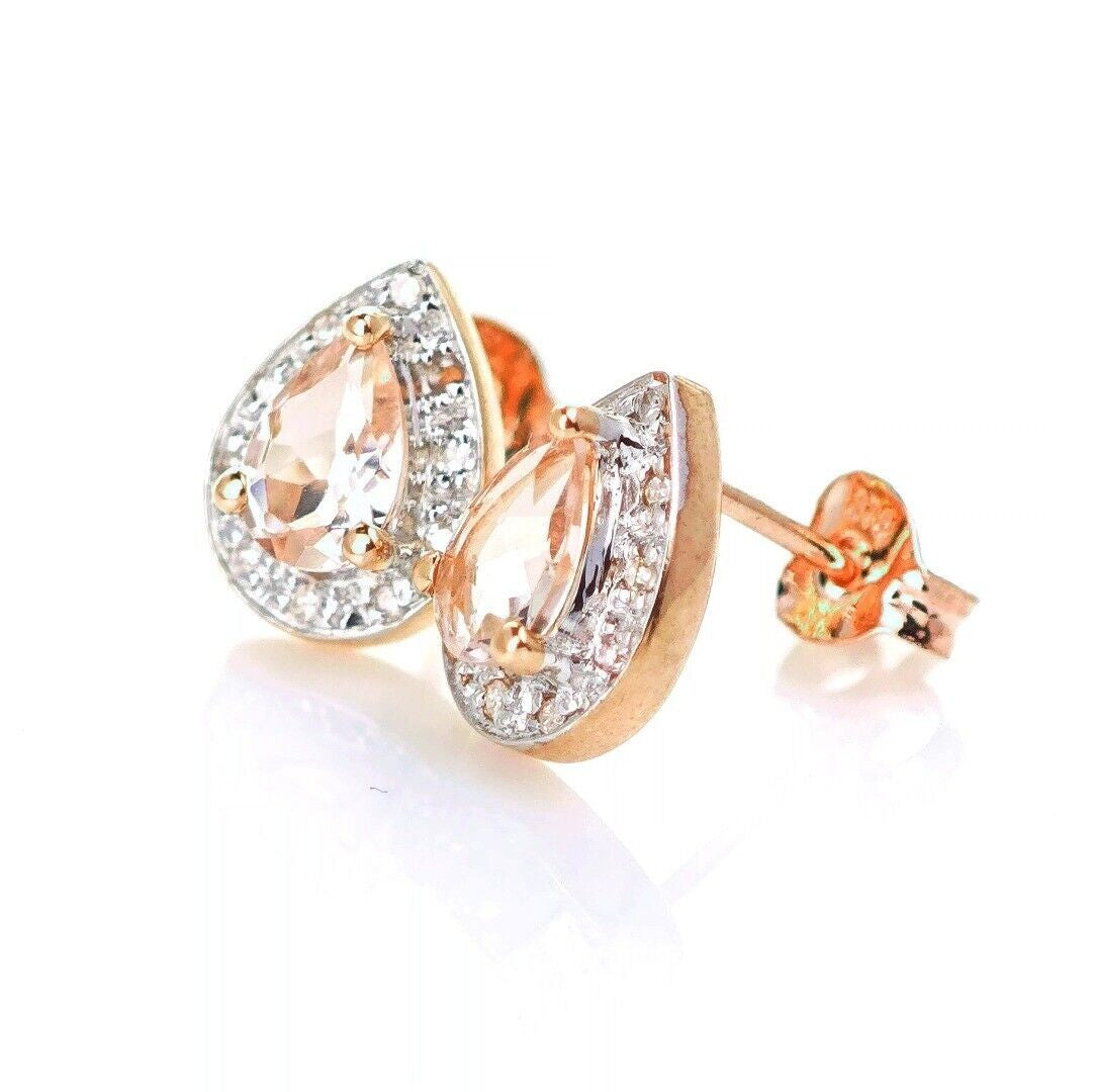 9ct Morganite Diamond Earrings Studs Rose Gold Pink 0.58 ct Natural Gemstone