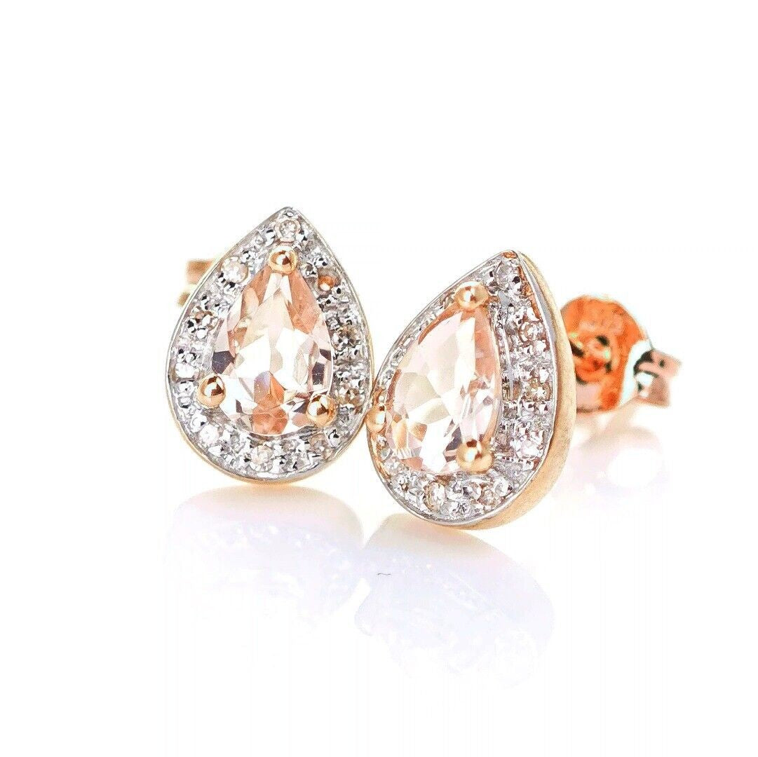 9ct Morganite Diamond Earrings Studs Rose Gold Pink 0.58 ct Natural Gemstone