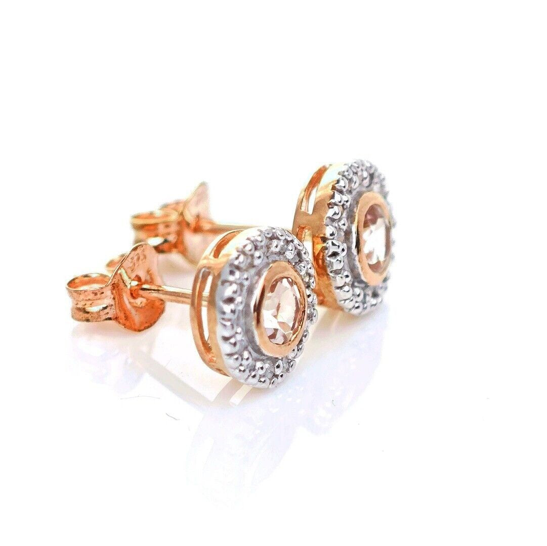 9ct Morganite Diamond Earrings Studs Rose Gold Pink 0.31 ct Natural Gemstone