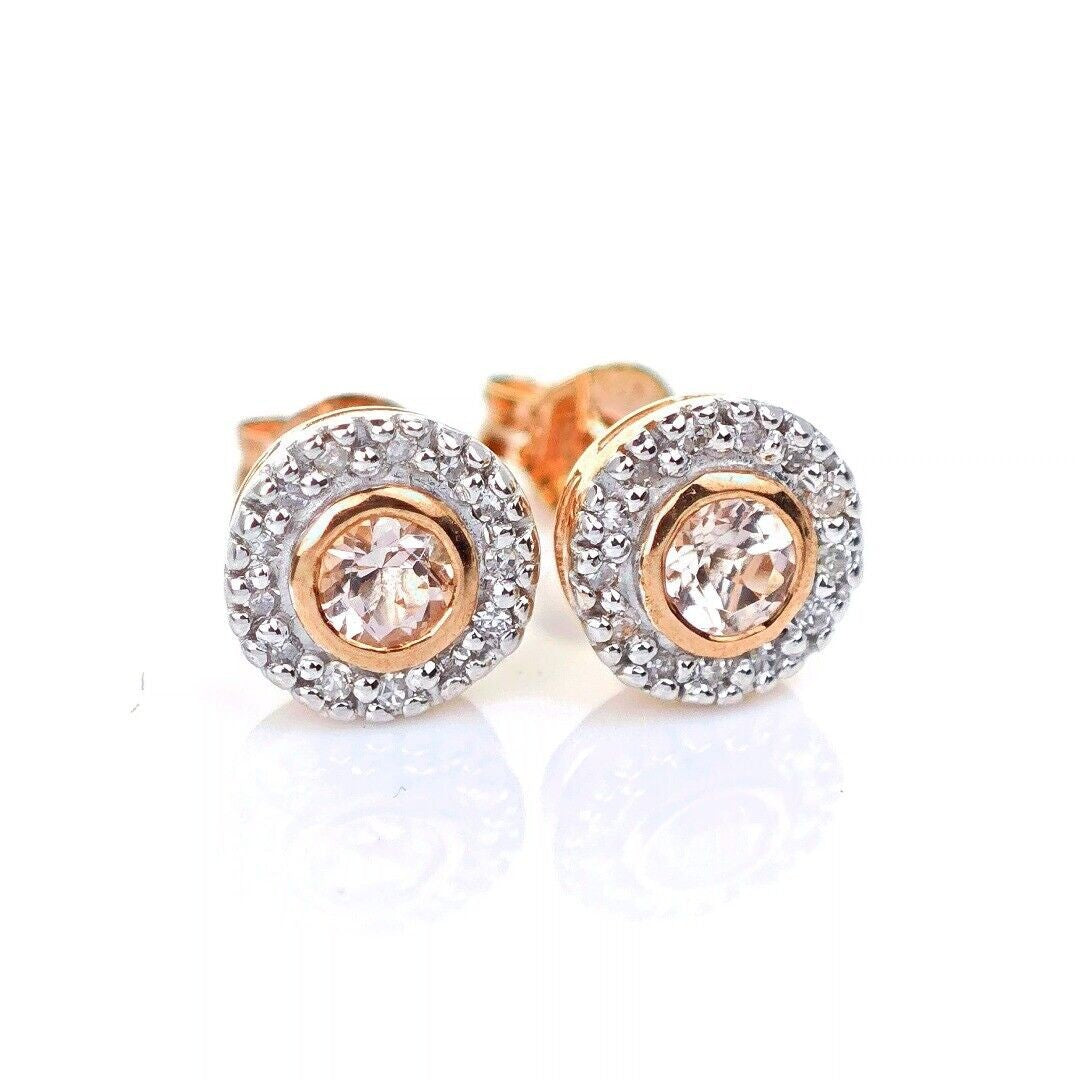 9ct Morganite Diamond Earrings Studs Rose Gold Pink 0.31 ct Natural Gemstone
