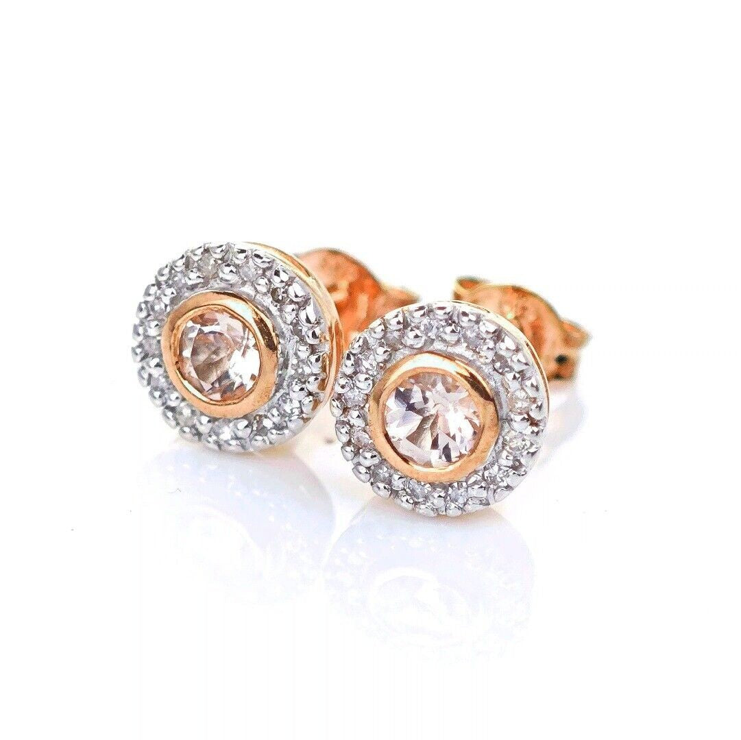 9ct Morganite Diamond Earrings Studs Rose Gold Pink 0.31 ct Natural Gemstone