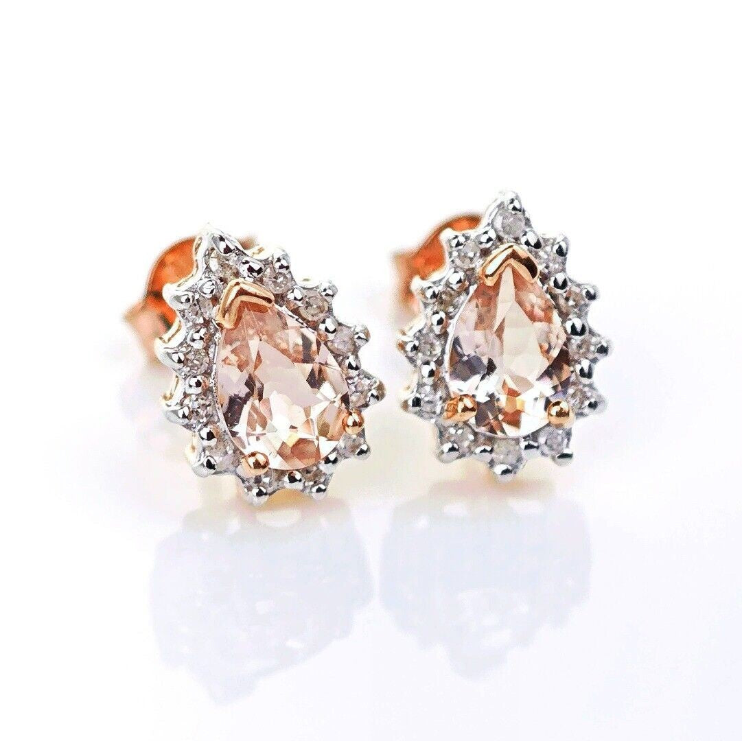 9ct Morganite Diamond Earrings Studs Rose Gold Pink 0.66 ct Natural Gemstone