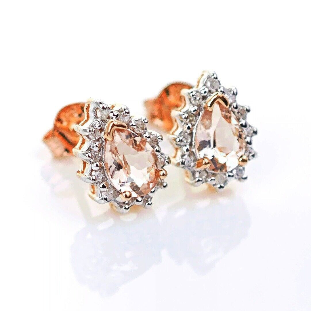 9ct Morganite Diamond Earrings Studs Rose Gold Pink 0.66 ct Natural Gemstone