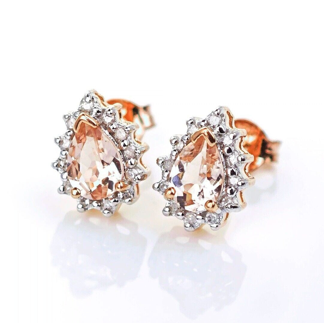 9ct Morganite Diamond Earrings Studs Rose Gold Pink 0.66 ct Natural Gemstone