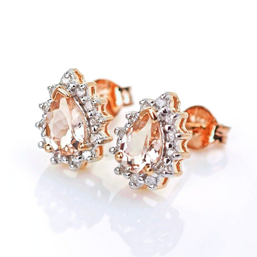 9ct Morganite Diamond Earrings Studs Rose Gold Pink 0.66 ct Natural Gemstone