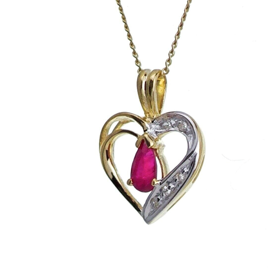 9ct Ruby Diamond Necklace Yellow Gold Heart 0.29ct Red Pear Natural Gemstone