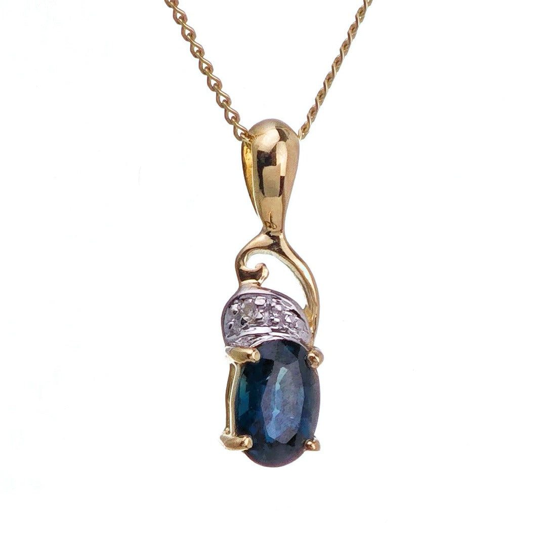 9ct Sapphire Diamond Necklace Yellow Gold 0.6ct Blue Oval Natural Gemstone