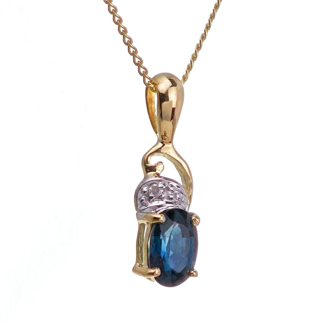 9ct Sapphire Diamond Necklace Yellow Gold 0.6ct Blue Oval Natural Gemstone