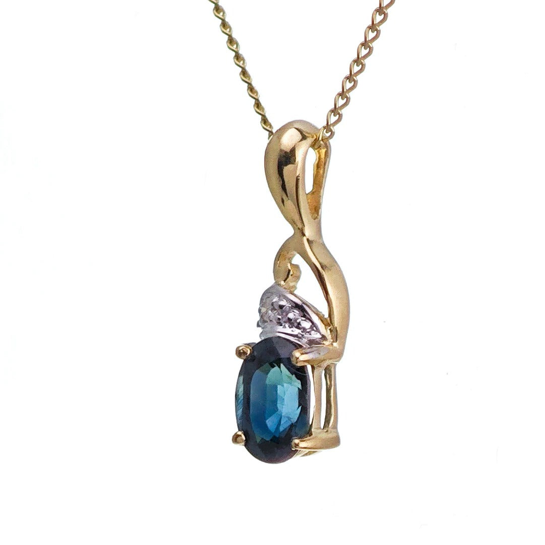 9ct Sapphire Diamond Necklace Yellow Gold 0.6ct Blue Oval Natural Gemstone