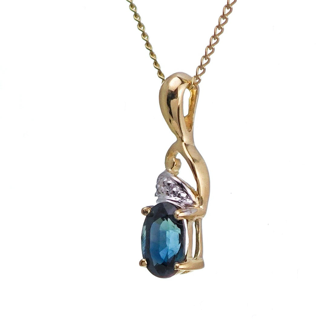 9ct Sapphire Diamond Necklace Yellow Gold 0.6ct Blue Oval Natural Gemstone