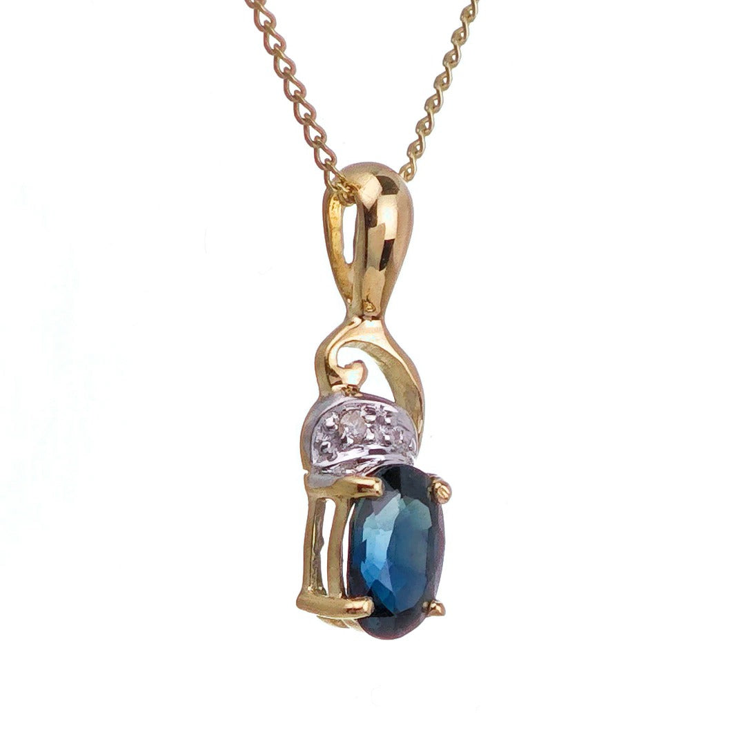 9ct Sapphire Diamond Necklace Yellow Gold 0.6ct Blue Oval Natural Gemstone