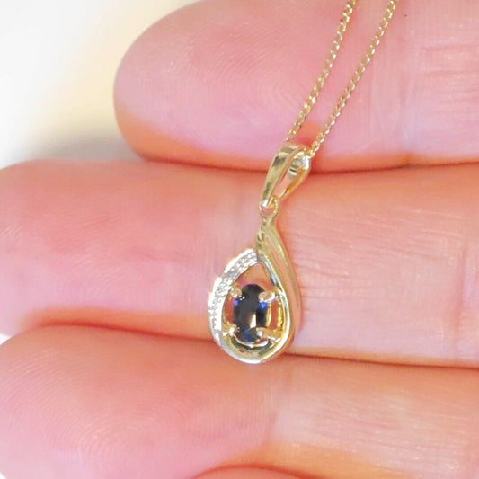 9ct Sapphire Diamond Necklace Yellow Gold 0.6ct Blue Oval Natural Gemstone