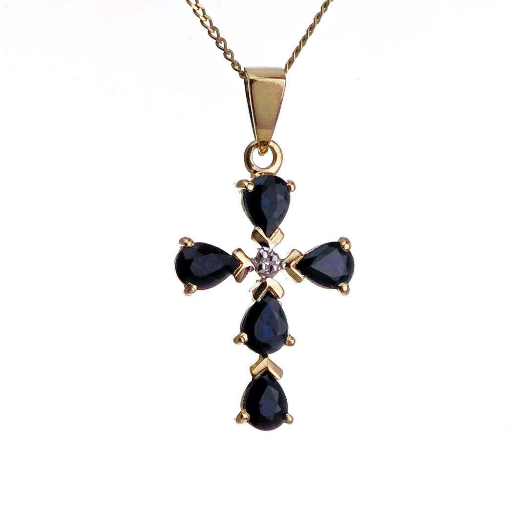9ct Sapphire Cross Necklace SMALL Diamond Yellow Gold 0.92ct Blue Pear Natural Gemstone