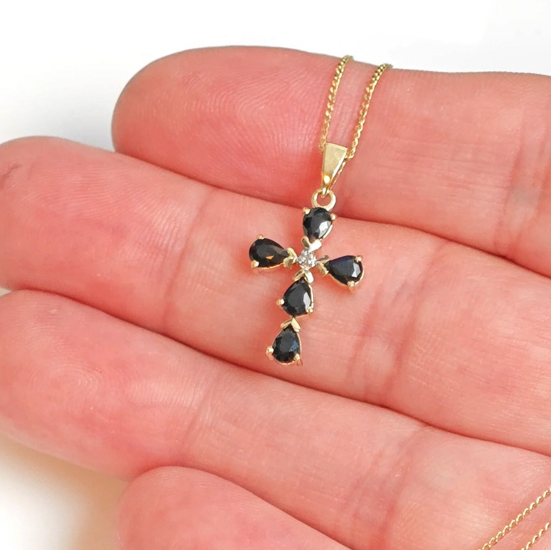 9ct Sapphire Cross Necklace SMALL Diamond Yellow Gold 0.92ct Blue Pear Natural Gemstone