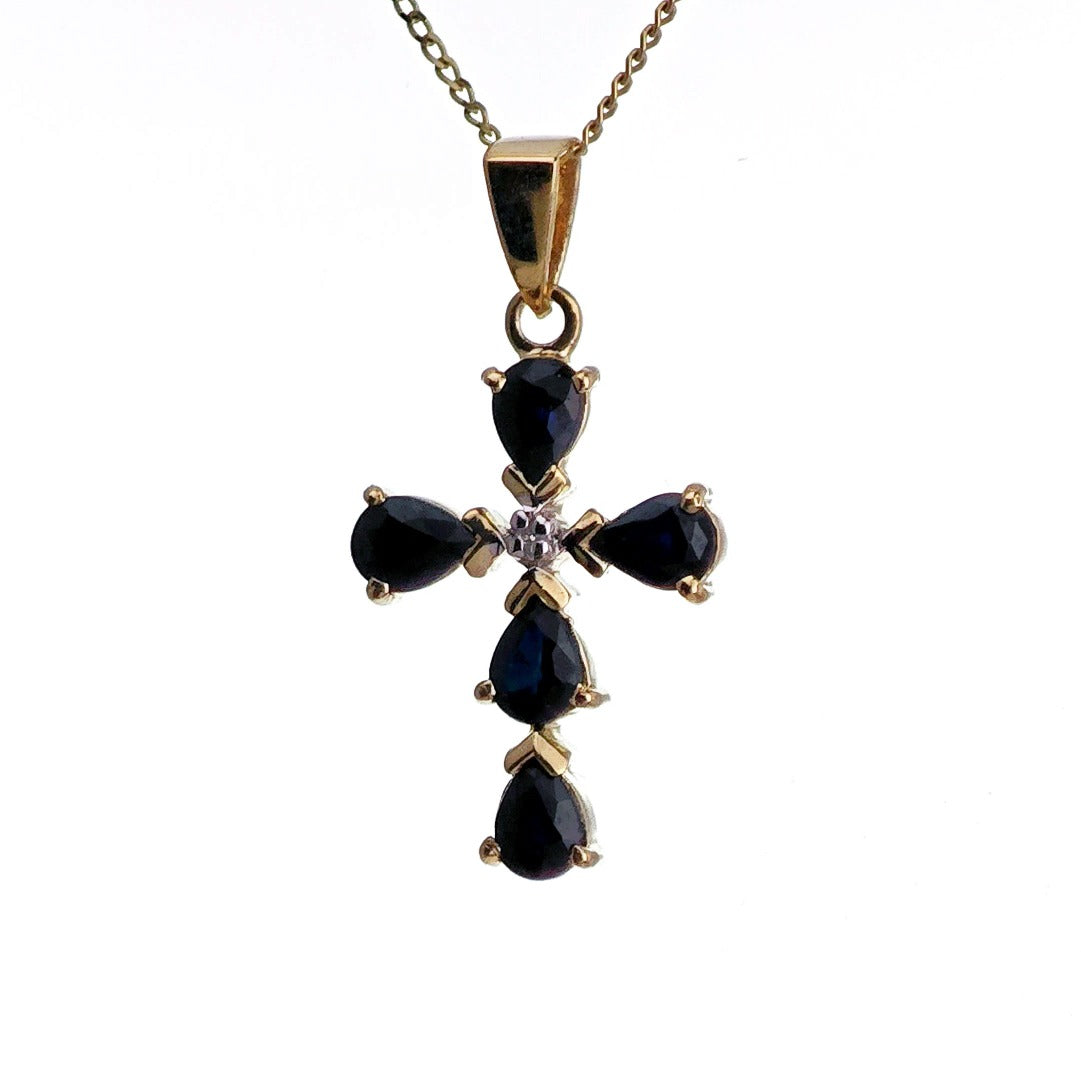 9ct Sapphire Cross Necklace SMALL Diamond Yellow Gold 0.92ct Blue Pear Natural Gemstone
