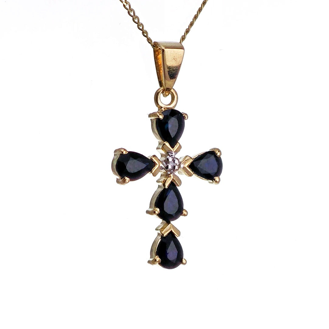 9ct Sapphire Cross Necklace SMALL Diamond Yellow Gold 0.92ct Blue Pear Natural Gemstone