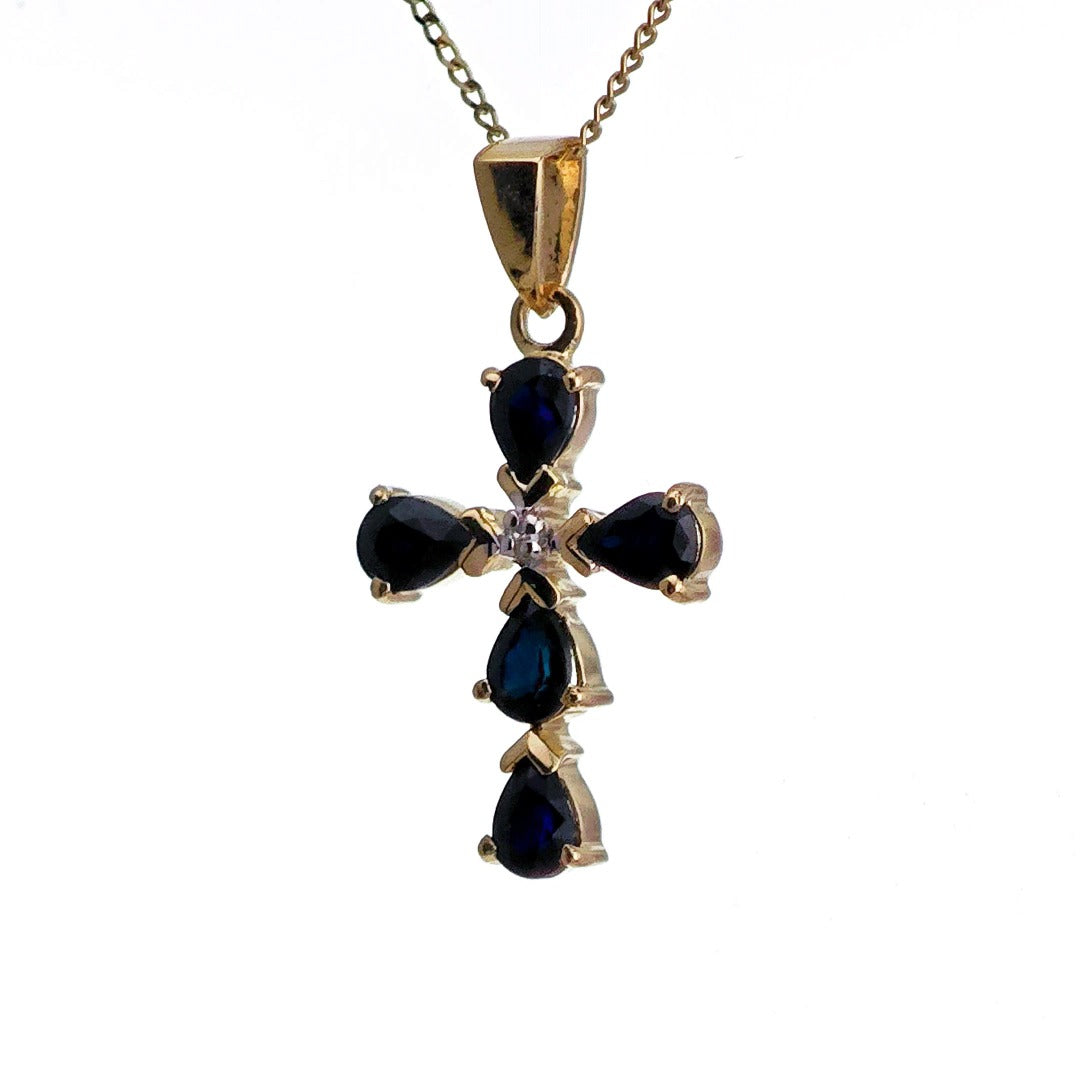 9ct Sapphire Cross Necklace SMALL Diamond Yellow Gold 0.92ct Blue Pear Natural Gemstone