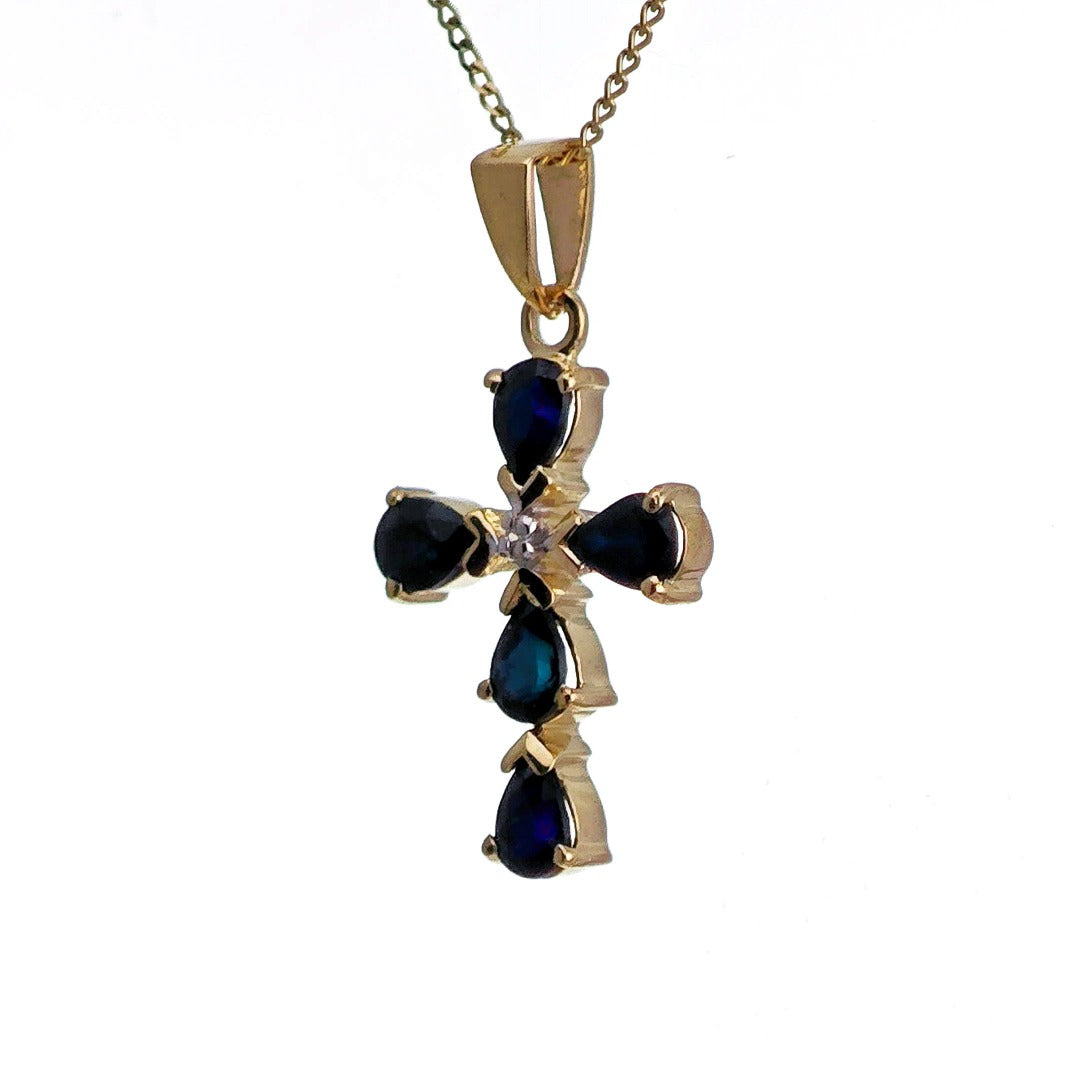 9ct Sapphire Cross Necklace SMALL Diamond Yellow Gold 0.92ct Blue Pear Natural Gemstone