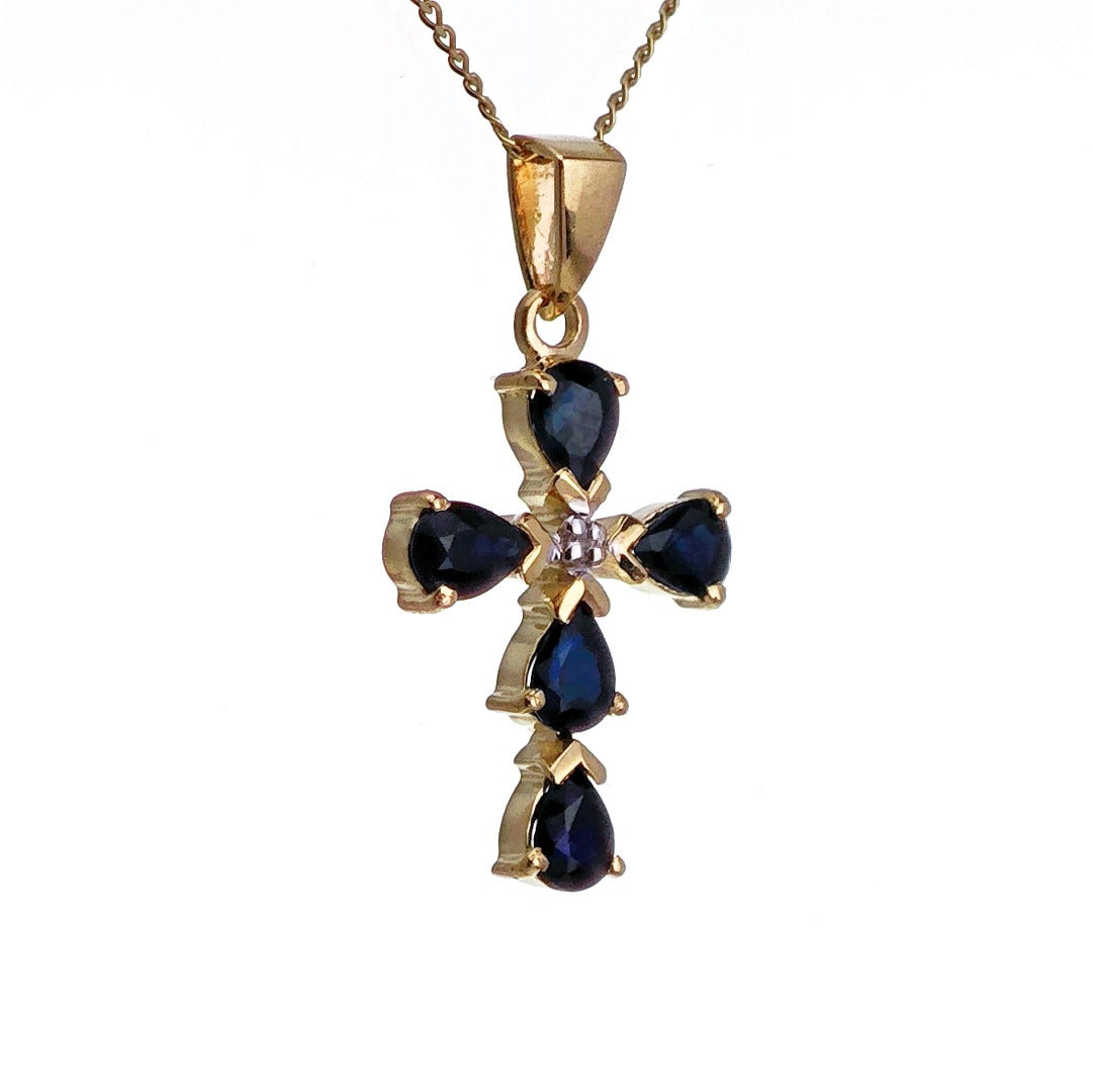 9ct Sapphire Cross Necklace SMALL Diamond Yellow Gold 0.92ct Blue Pear Natural Gemstone