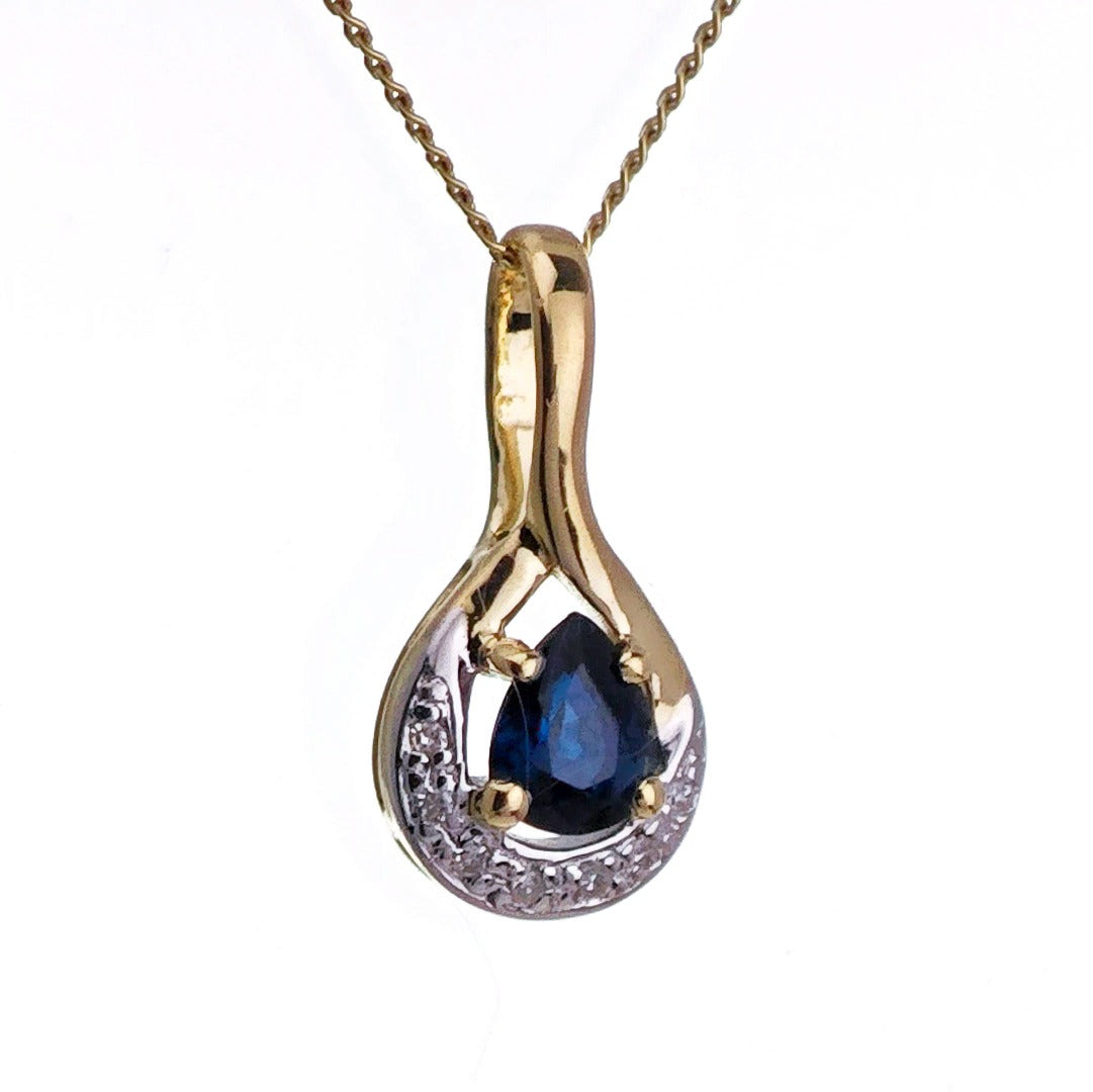 9ct Sapphire Diamond Necklace Yellow Gold 0.42ct Blue Pear Natural Gemstone