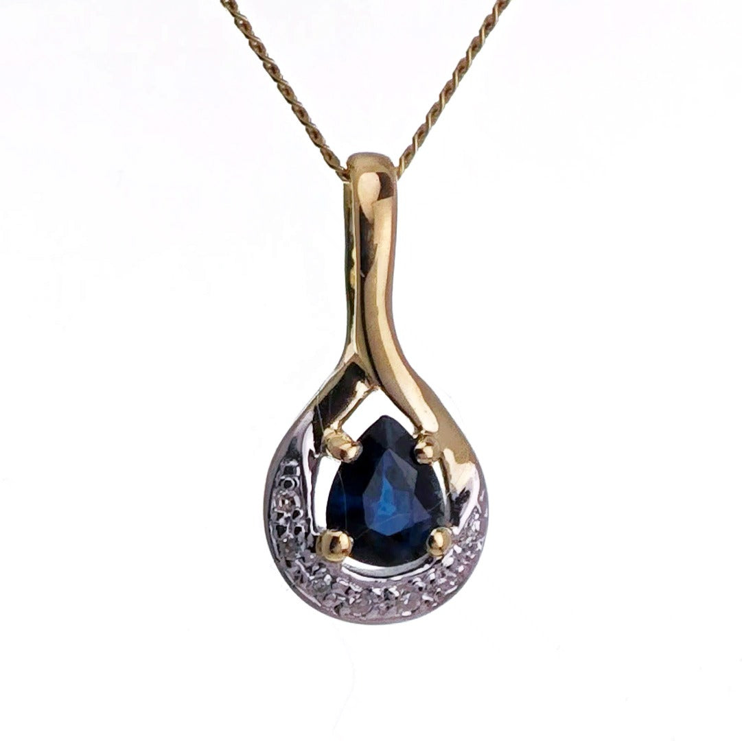 9ct Sapphire Diamond Necklace Yellow Gold 0.42ct Blue Pear Natural Gemstone