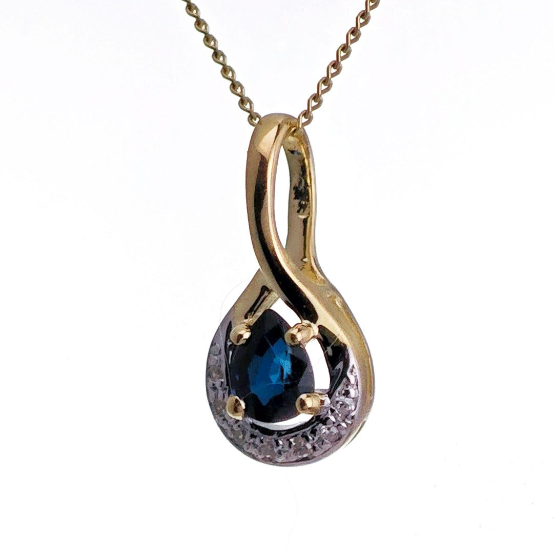 9ct Sapphire Diamond Necklace Yellow Gold 0.42ct Blue Pear Natural Gemstone