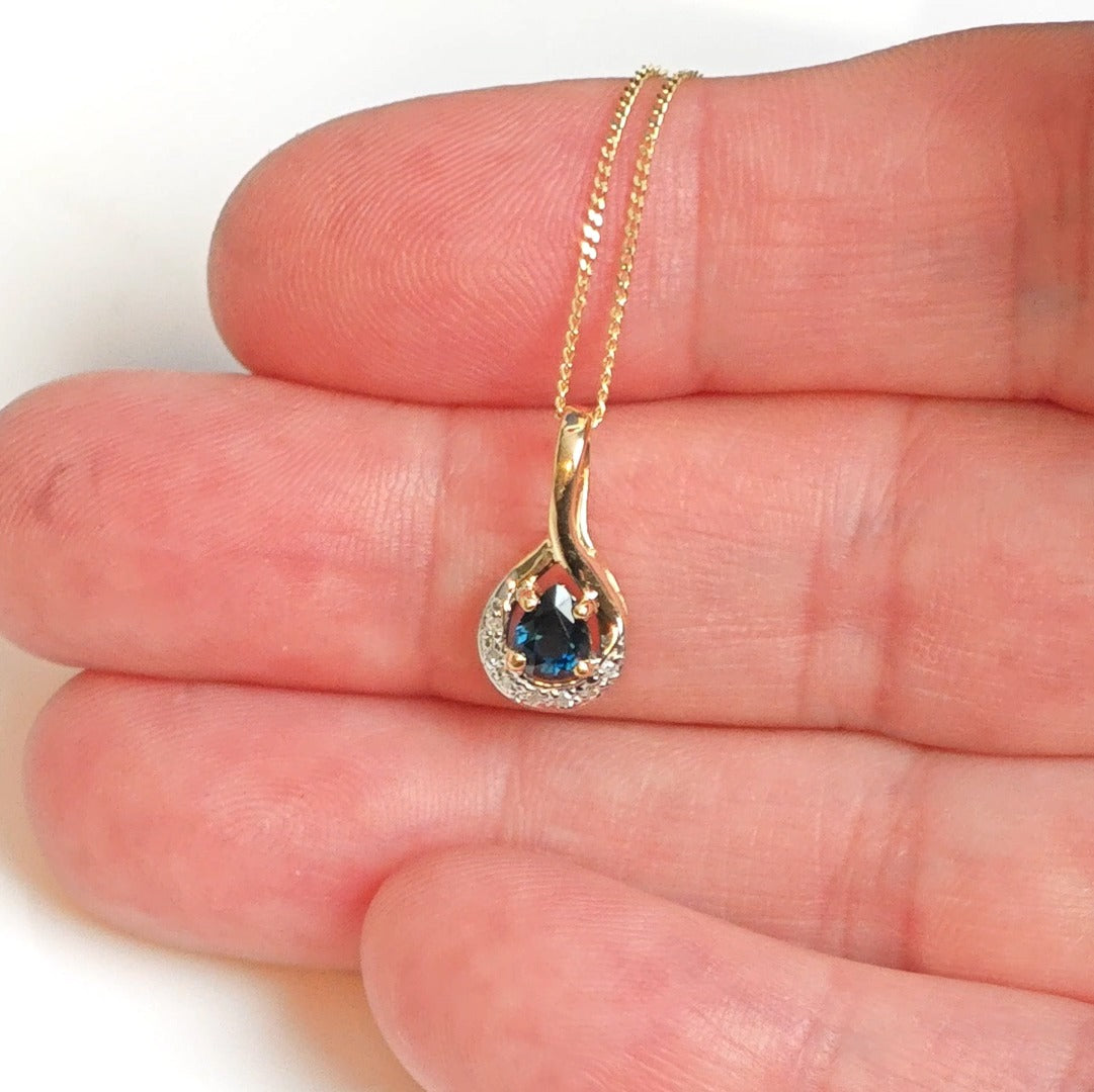 9ct Sapphire Diamond Necklace Yellow Gold 0.42ct Blue Pear Natural Gemstone