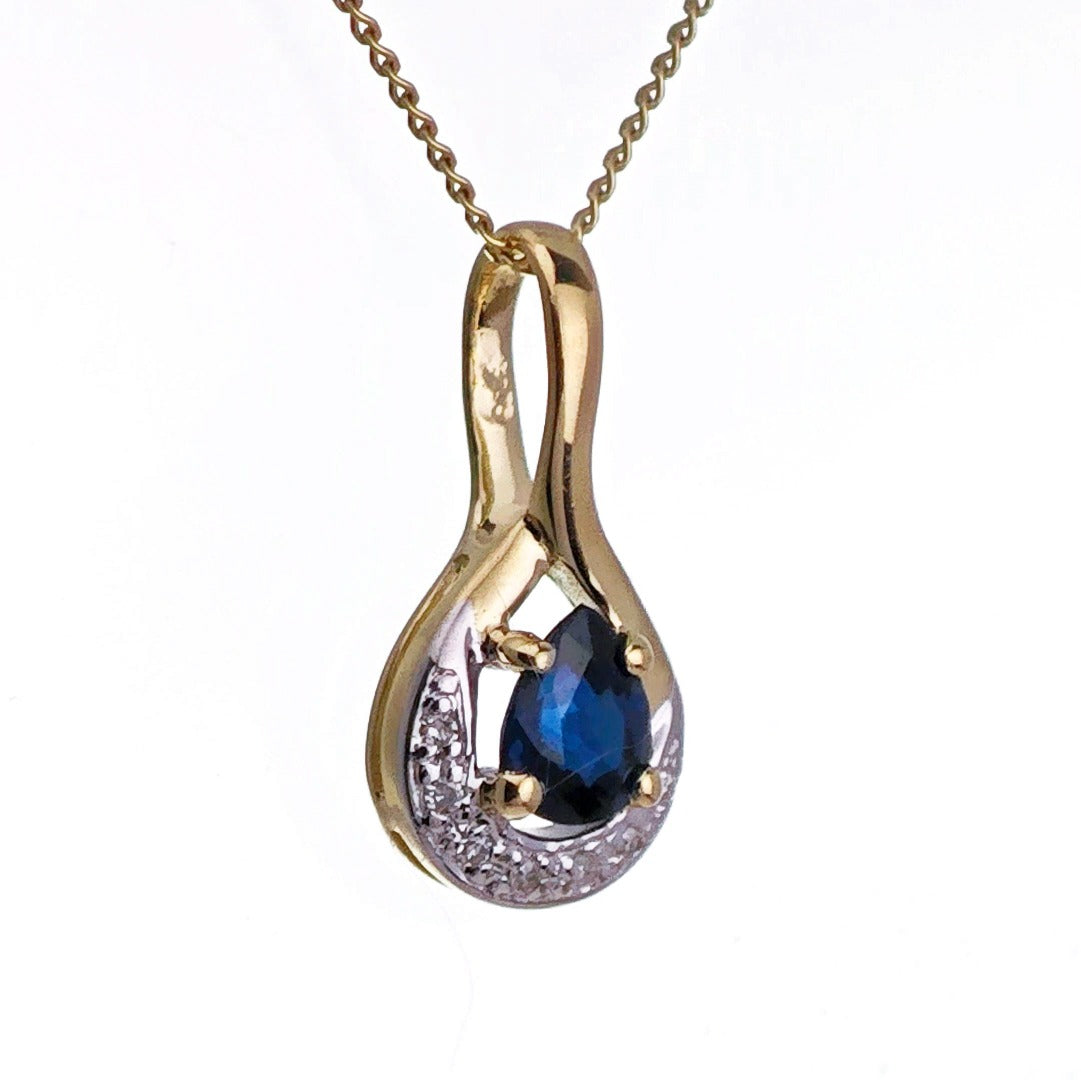 9ct Sapphire Diamond Necklace Yellow Gold 0.42ct Blue Pear Natural Gemstone