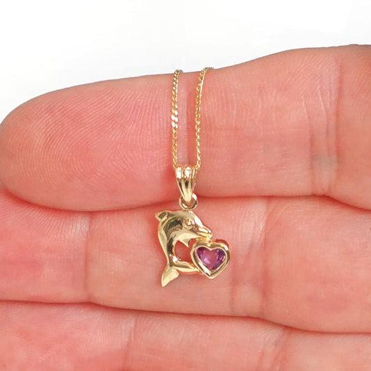 9ct Amethyst Dolphin Necklace Yellow Gold Heart 0.19ct Purple Heart Natural Gemstone