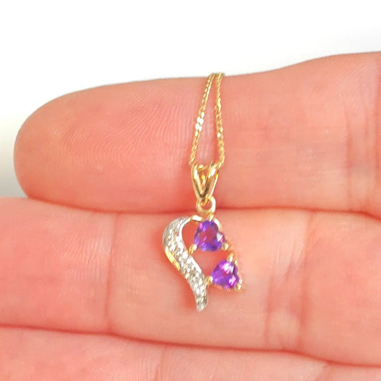 9ct Amethyst Hearts Necklace Yellow Gold 0.34ct Purple