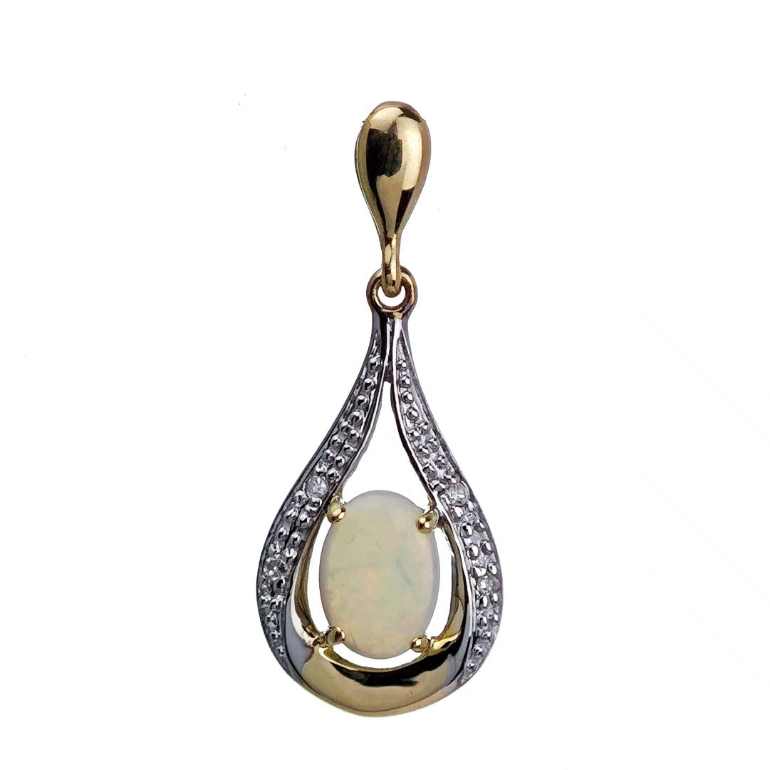 9ct Opal Diamond Necklace Yellow Gold 0.41ct White Oval Natural Gemstone