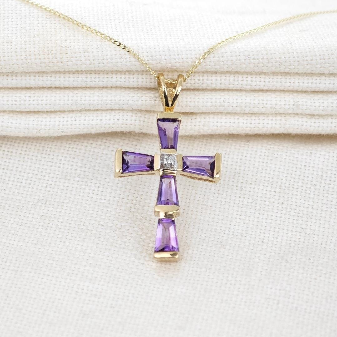 9ct Amethyst Cross Necklace Diamond Yellow Gold 1.2ct Purple Natural Gemstones