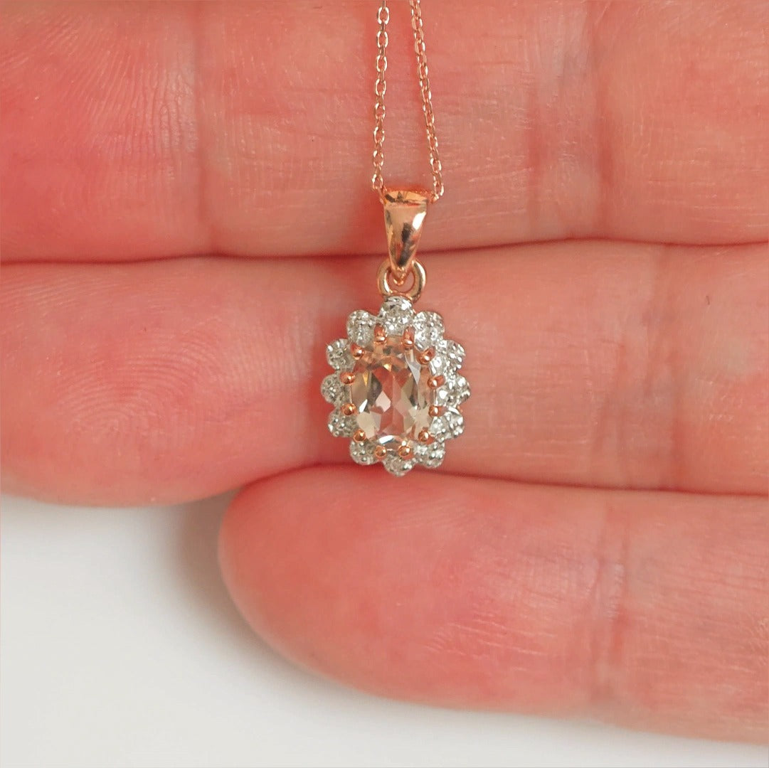 9ct Morganite Diamond  Necklace Rose Gold Pink  0.67 ct   Natural Gemstone