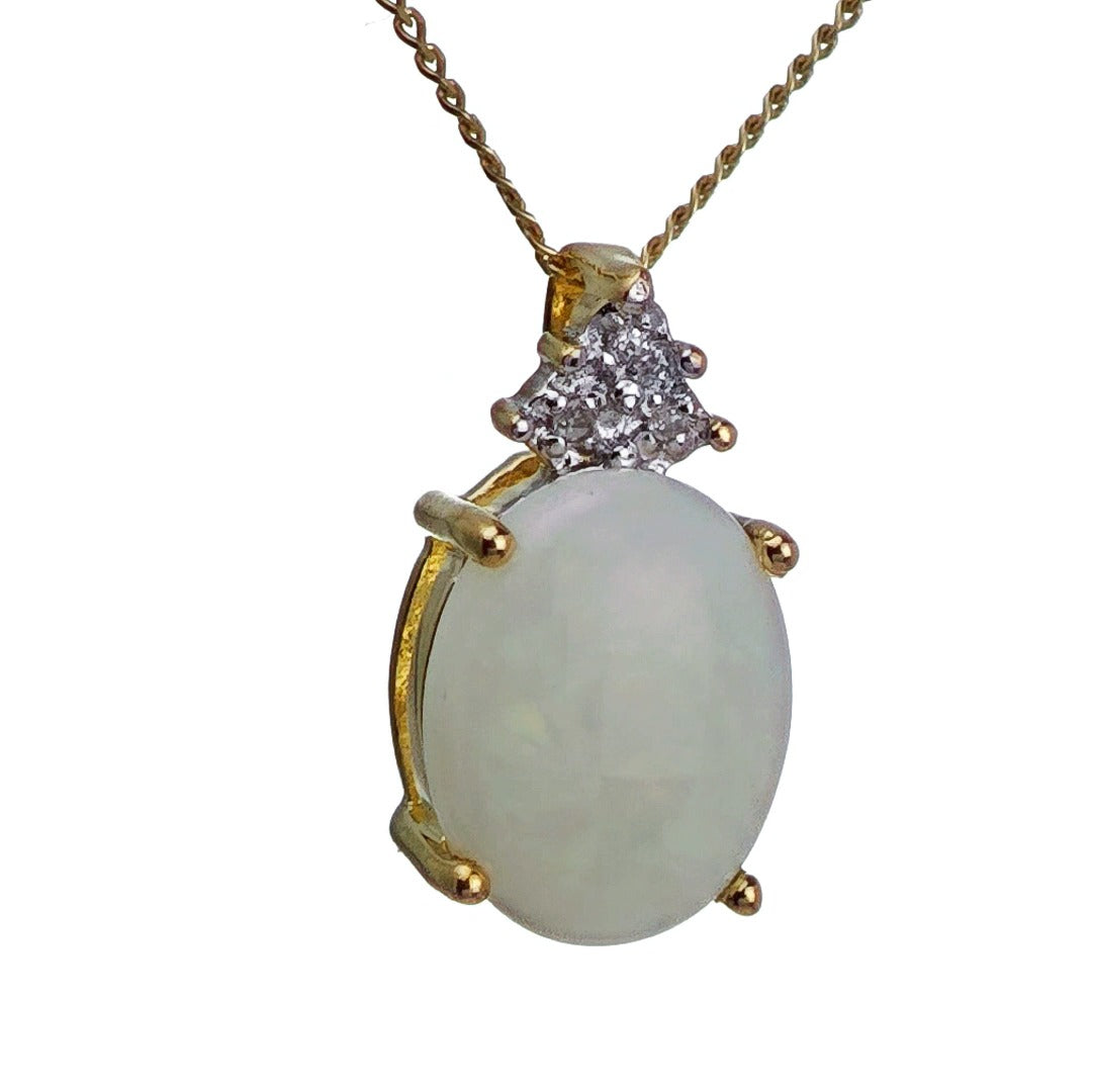 9ct Opal Diamond Necklace Yellow Gold 1.42ct White Oval Natural Gemstone