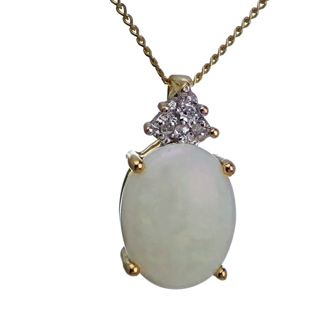 9ct Opal Diamond Necklace Yellow Gold 1.42ct White Oval Natural Gemstone