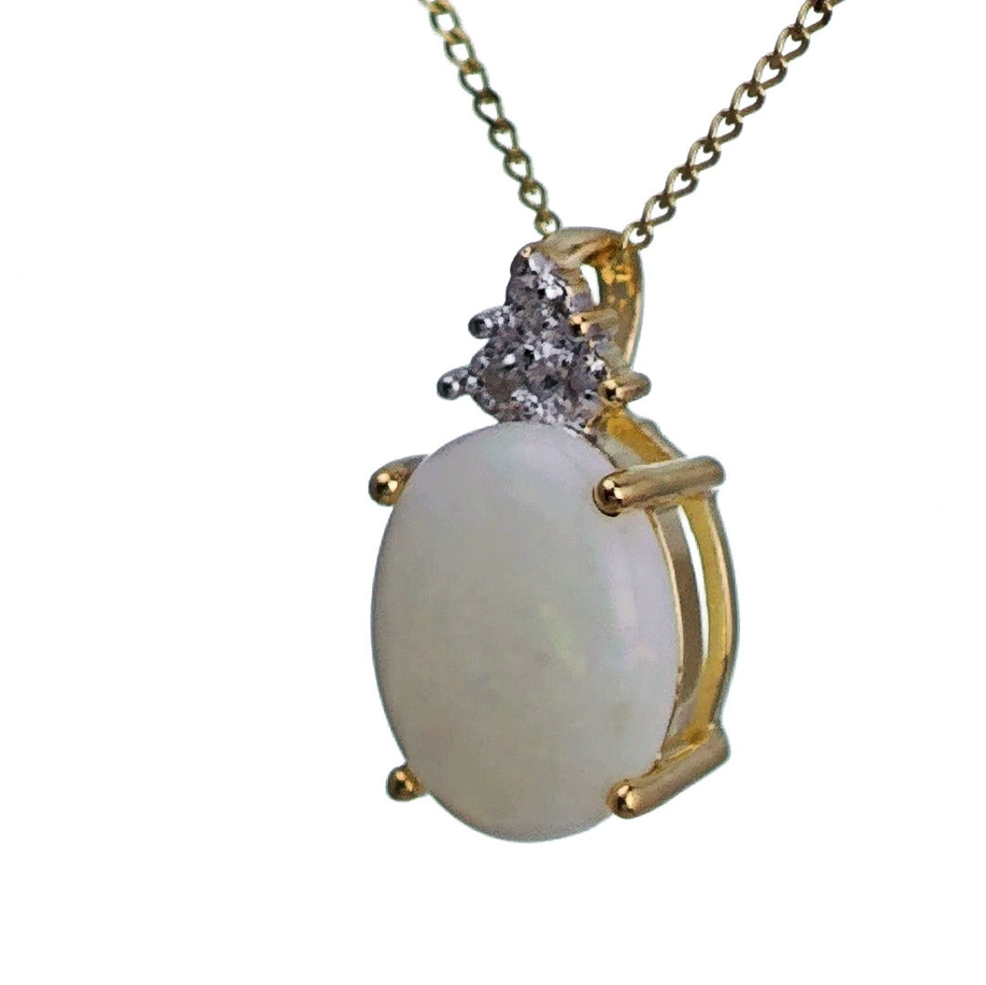 9ct Opal Diamond Necklace Yellow Gold 1.42ct White Oval Natural Gemstone