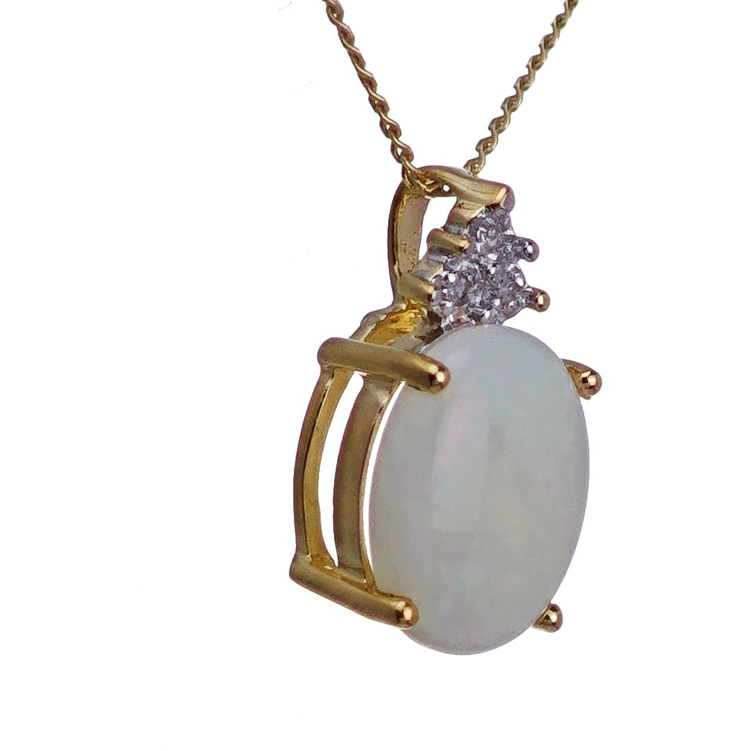 9ct Opal Diamond Necklace Yellow Gold 1.42ct White Oval Natural Gemstone