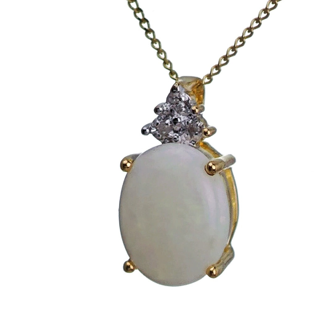 9ct Opal Diamond Necklace Yellow Gold 1.42ct White Oval Natural Gemstone