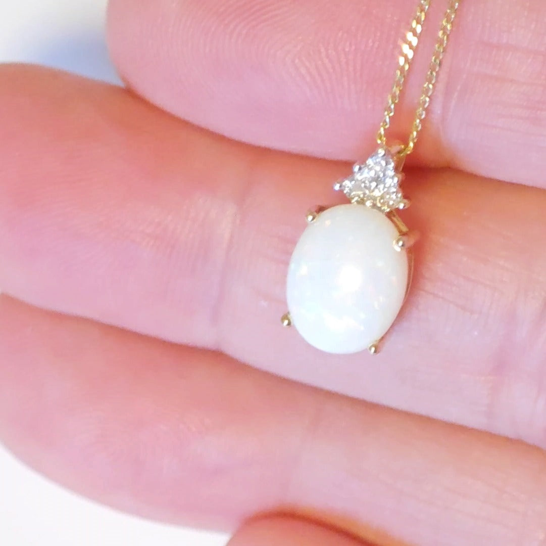 9ct Opal Diamond Necklace Yellow Gold 1.42ct White Oval Natural Gemstone