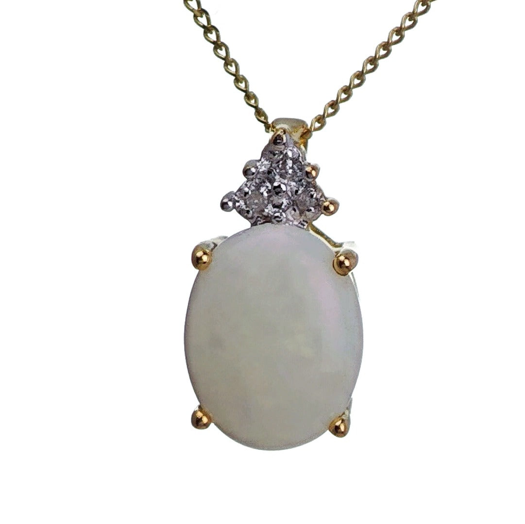 9ct Opal Diamond Necklace Yellow Gold 1.42ct White Oval Natural Gemstone