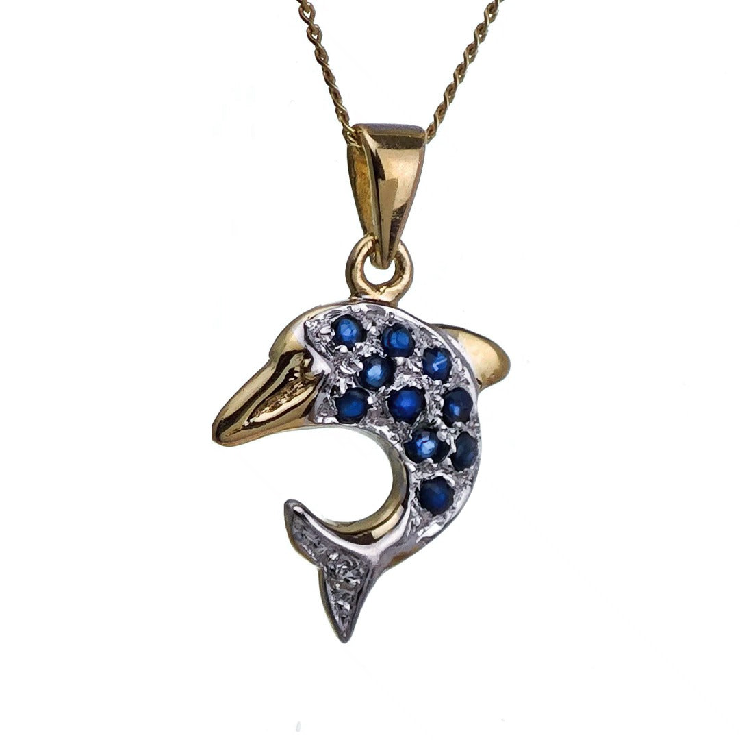 9ct Sapphire Dolphin Necklace Diamond Yellow Gold 0.2ct Blue Round Natural Gemstone