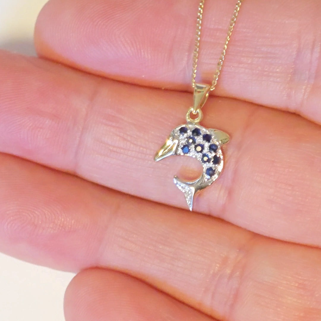 9ct Sapphire Dolphin Necklace Diamond Yellow Gold 0.2ct Blue Round Natural Gemstone