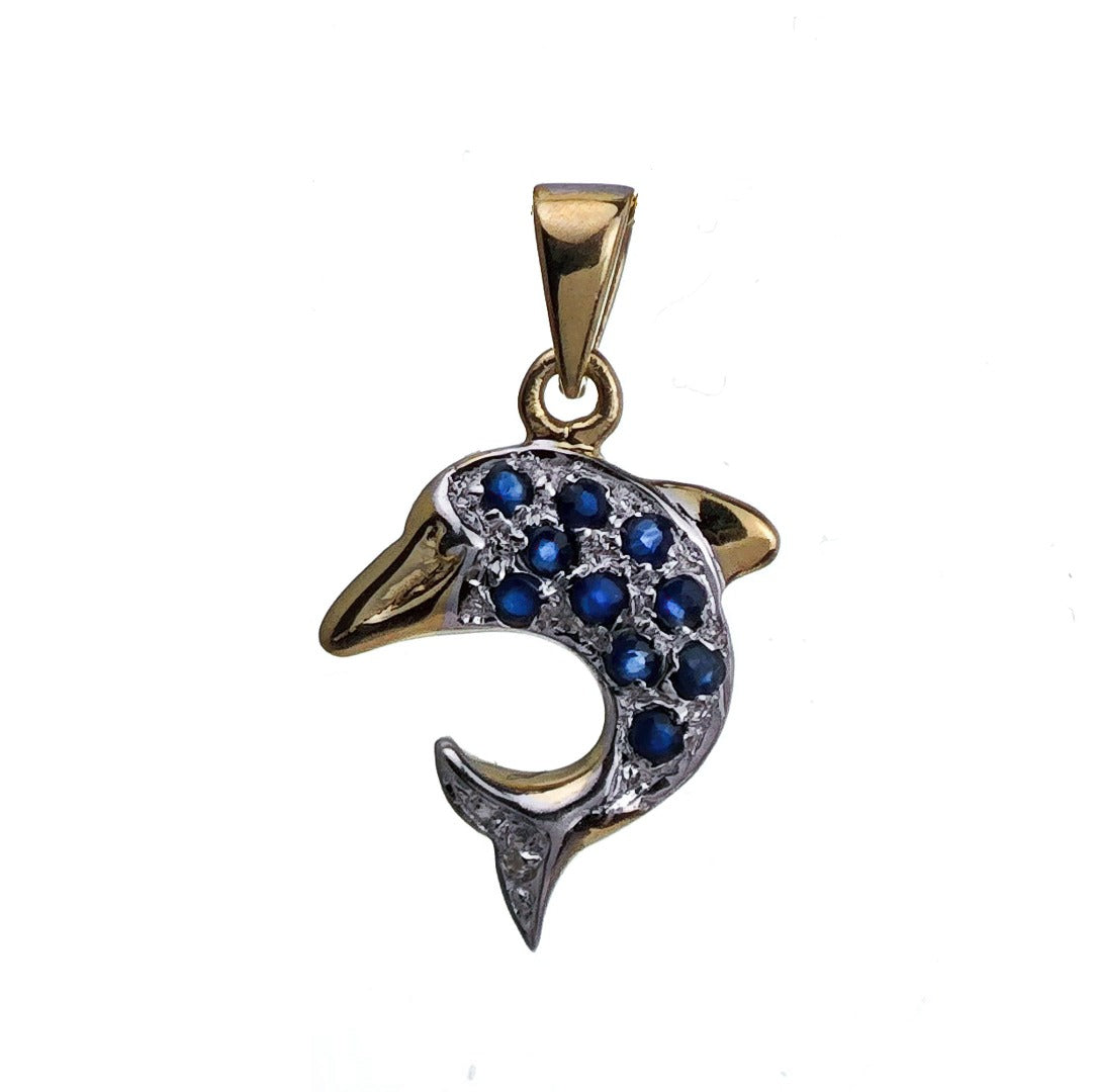 9ct Sapphire Dolphin Necklace Diamond Yellow Gold 0.2ct Blue Round Natural Gemstone