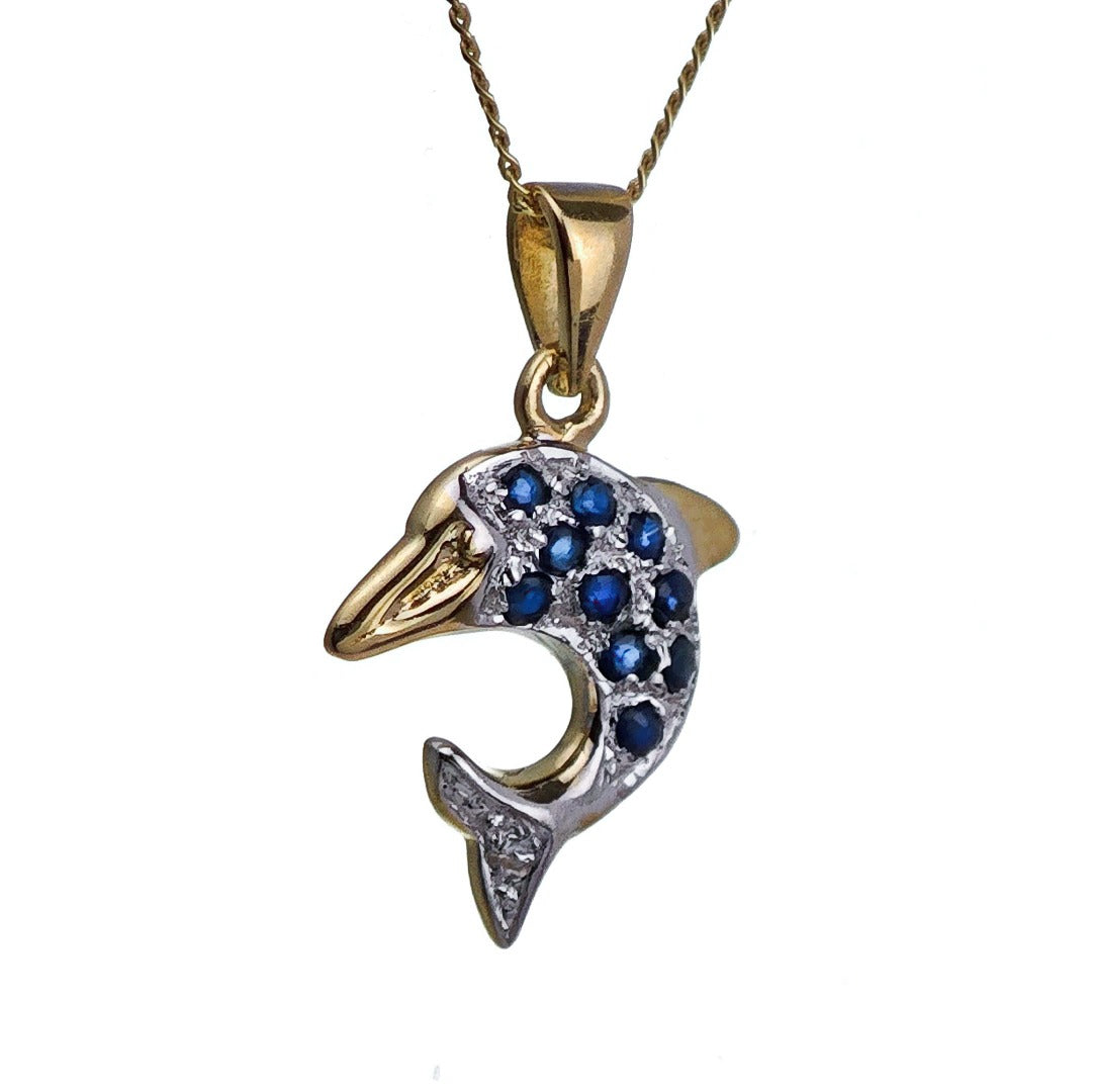 9ct Sapphire Dolphin Necklace Diamond Yellow Gold 0.2ct Blue Round Natural Gemstone