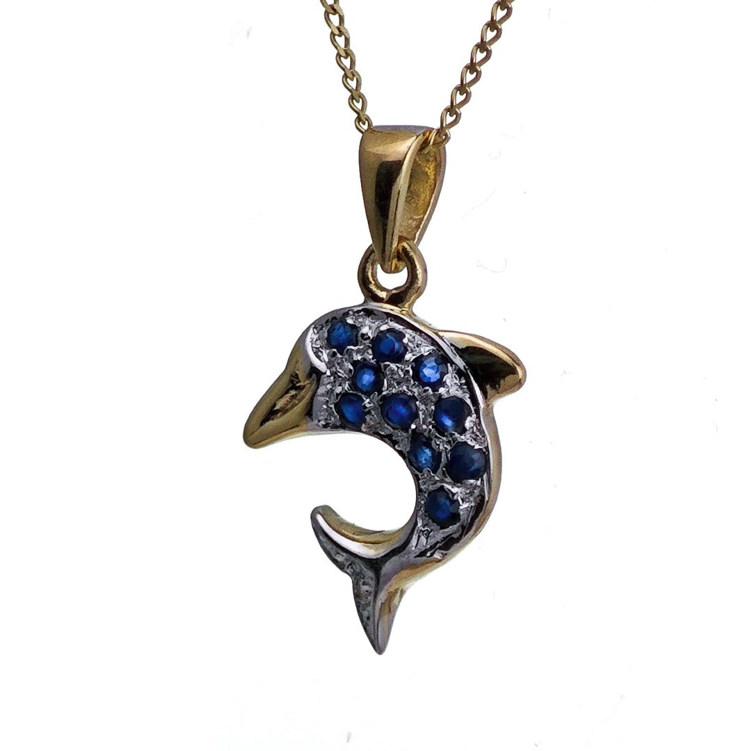 9ct Sapphire Dolphin Necklace Diamond Yellow Gold 0.2ct Blue Round Natural Gemstone