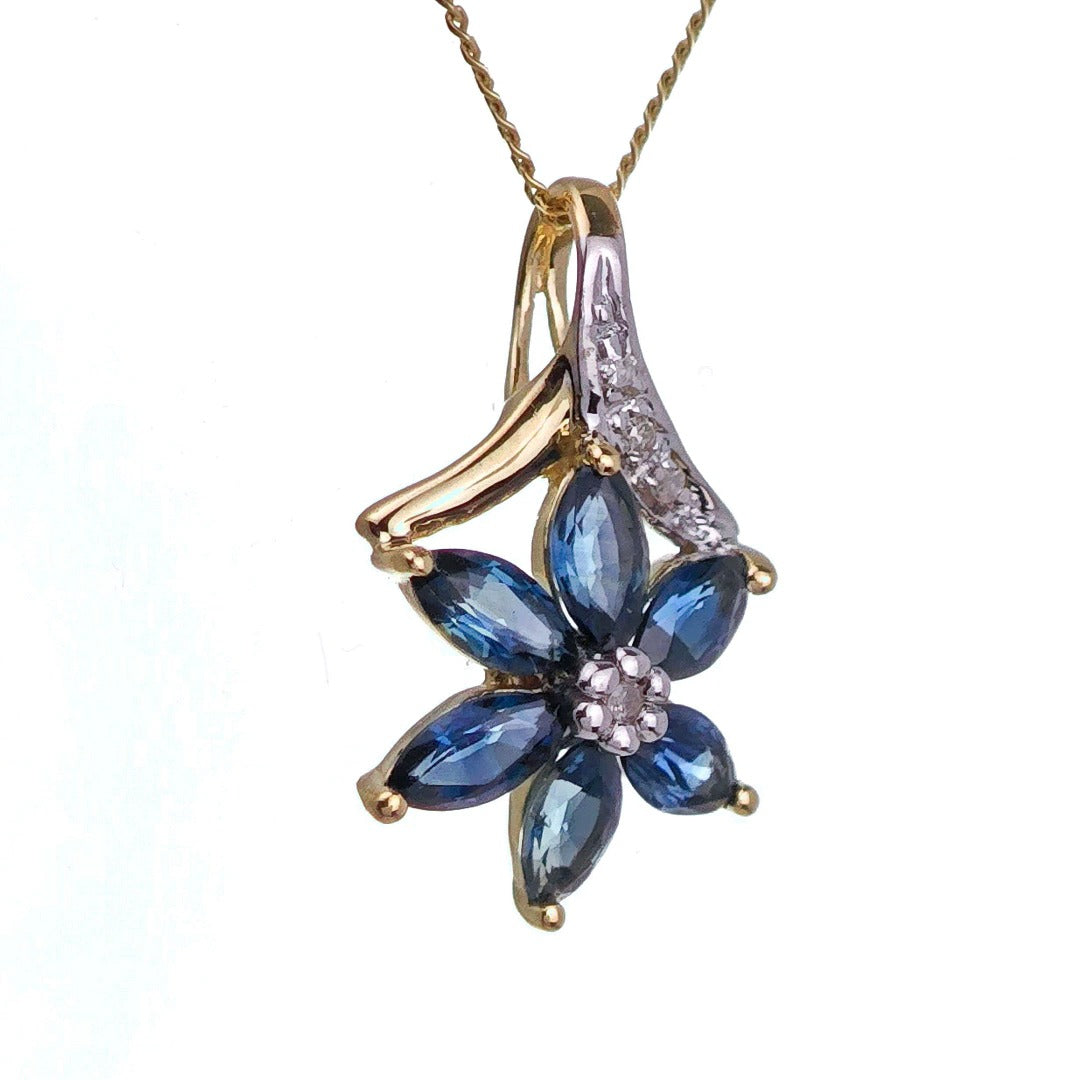 9ct Sapphire Necklace Yellow Gold 0.86ct Blue Marquise Natural Gemstone