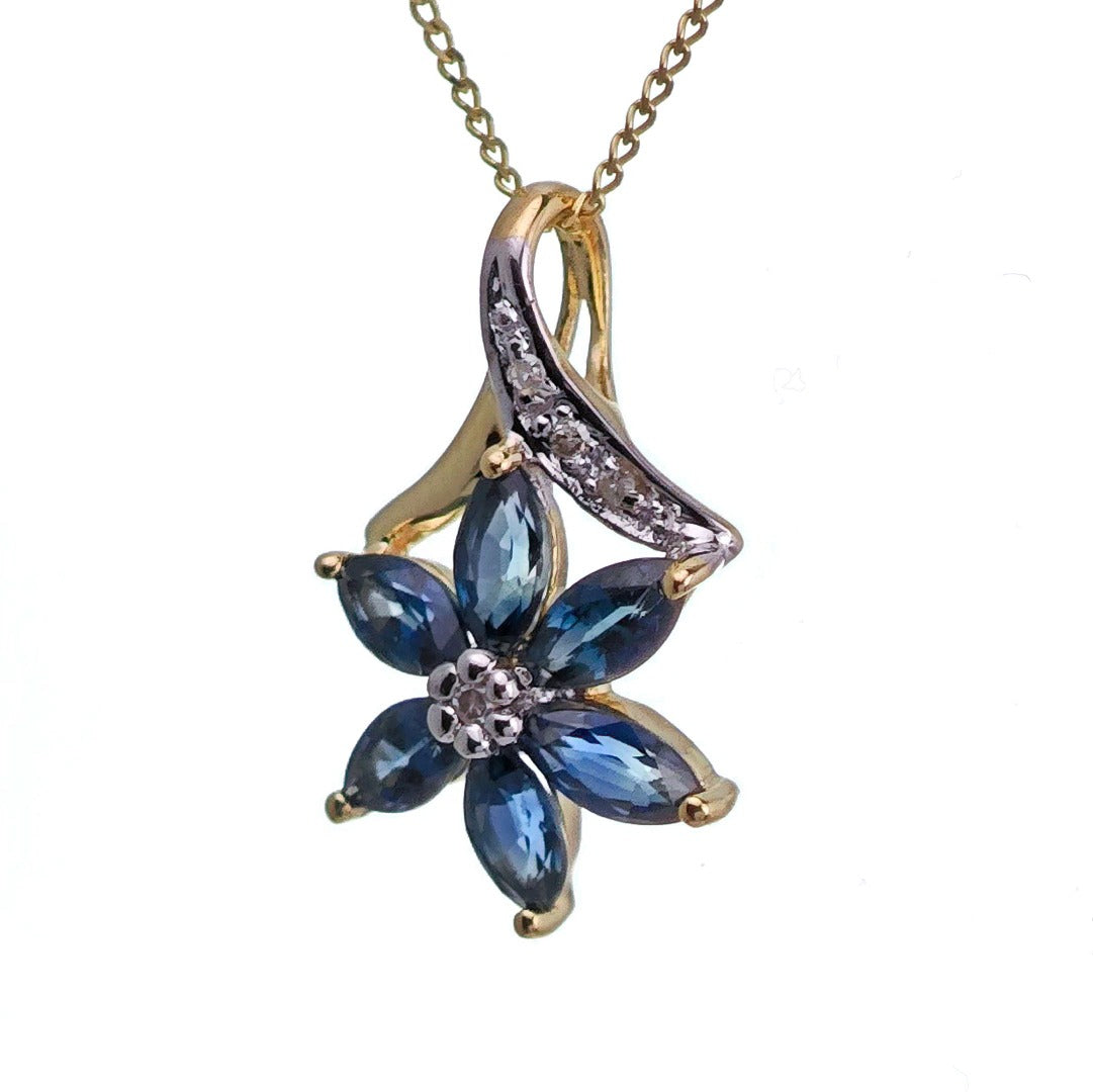 9ct Sapphire Necklace Yellow Gold 0.86ct Blue Marquise Natural Gemstone