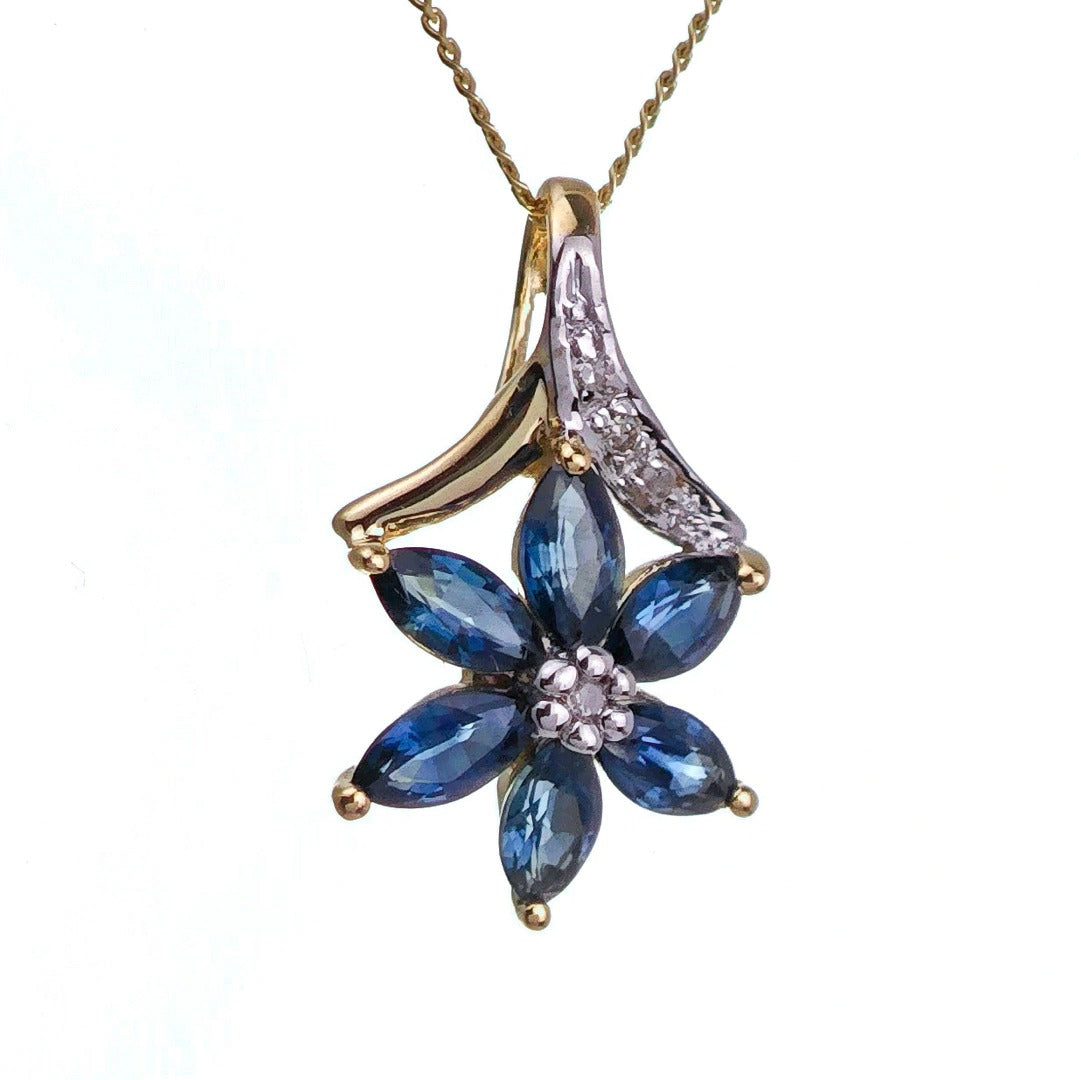 9ct Sapphire Necklace Yellow Gold 0.86ct Blue Marquise Natural Gemstone